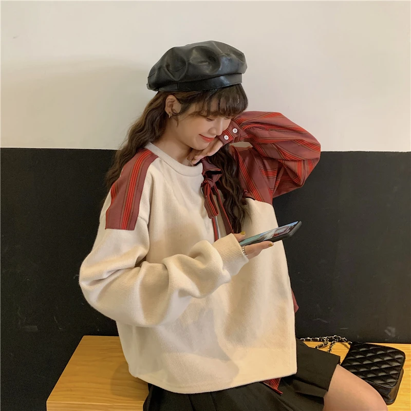 Sweatshirts vintage style autumn new patchwork lattice lace up long sleeve pullovers and Hoodies moda feminina Women's Clothing