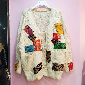 

LANMREM patch printed mid-length sweater for Women 2020 Autumn witner New Horn button cardigan sweater coat oversize YK008