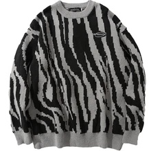 Japanese Harajuku Vintage Sweater Winter Zebra-Striped Round Neck Pullovers Knitted Couples Hip Hop Loose Fashion Sweaters Tops