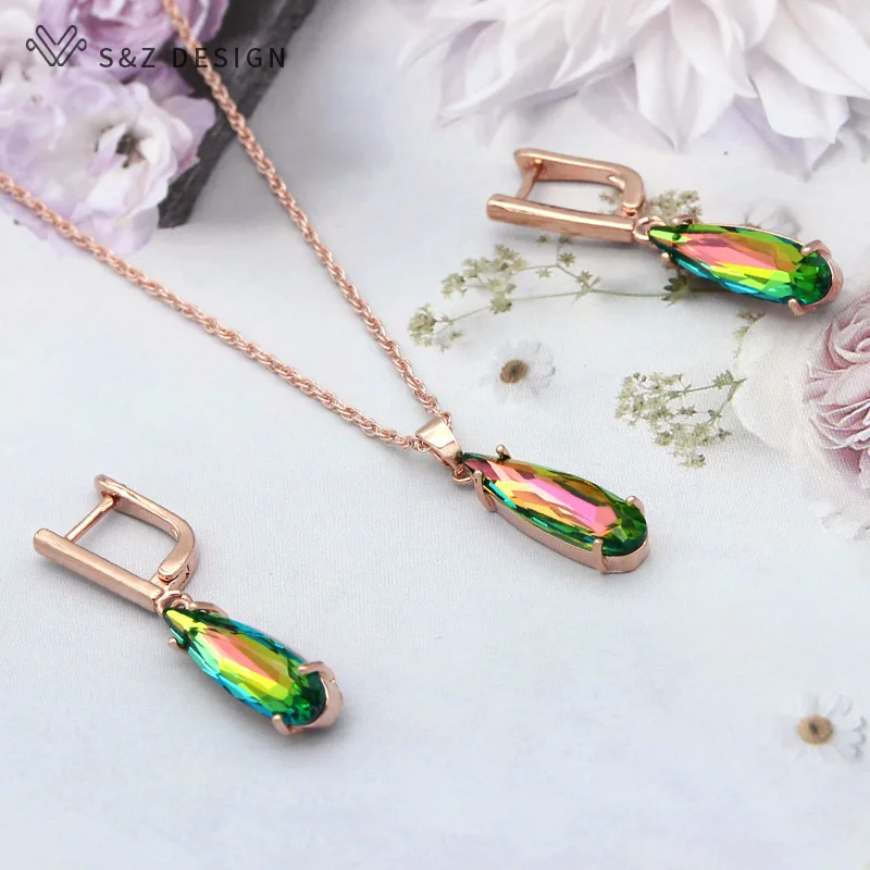 S&Z DESIGN New Fashion Water Drop Crystal Jewelry Sets For Women 585 Rose Gold Color Dangle Earrings Pendant Necklace