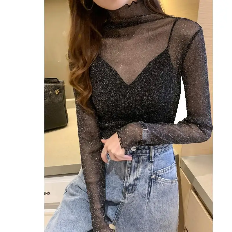 Girls Mesh Blouses Tees Female Autumn Transparent Full Sleeve Elegant Stretchy Turtleneck Shirts Tops Undershirts For Women 5