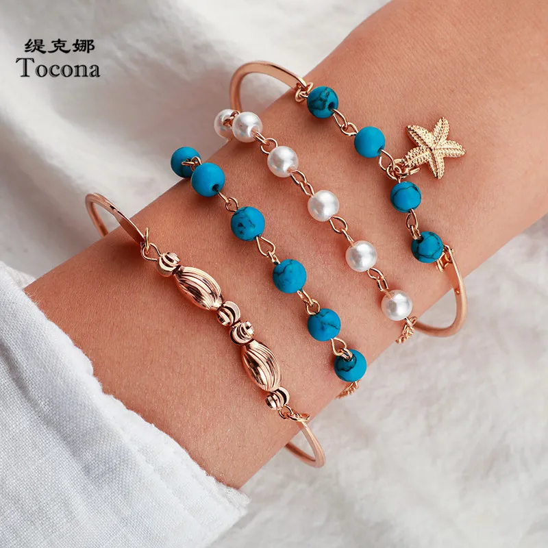 Tocona 4 шт./компл. очаровательный Браслеты с бисером для Для женщин задний фон с изображением лета морской звезды золото вафли и жемчужной нитью, Модные украшения аксессуары 8942