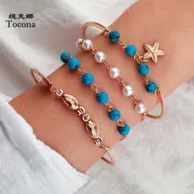 Tocona 4 шт./компл. очаровательный Браслеты с бисером для Для женщин задний фон с изображением лета морской звезды золото вафли и жемчужной нитью, Модные украшения аксессуары 8942