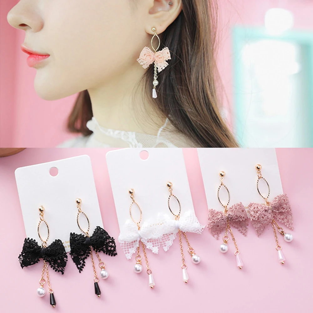 

Romantic Pink Black White Bowknot Earrings Sweet Imitation Pearl Drop Earrings Ladies Statement Earrings Jewelry Wholesale