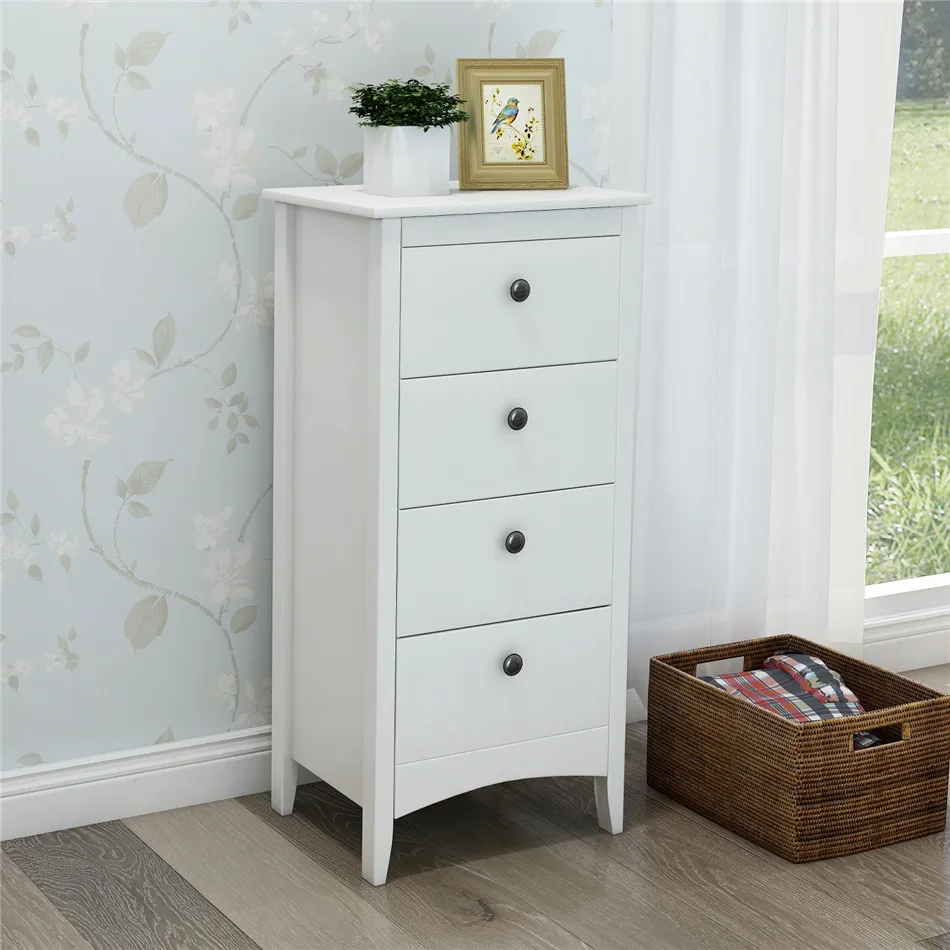 

Tall Chest of 4 Drawers White Bedside Cabinet Wood Storage Chest Bedroom Hallway Anti-Tipping Supports Expand Space
