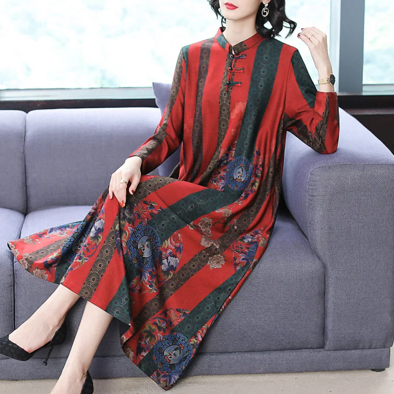 

2019 Autumn New Style WOMEN'S Dress Origional Literature And Art Retro Frog Floral Printed Dress Loose And Plus-sized Ethnic-Sty