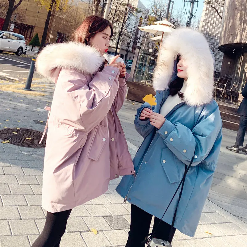 

Acz19 Winter Sisters Outfit Bow Cotton-padded Clothes Korean-style Women's Loose-Fit Hooded Large Fur Collar Thick Cotton Coat