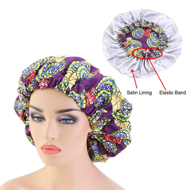 

Wide Band Printed Turban Elastic Comfortable Extra Large Satin Lined Bonnets Pattern Print Fabric Ankara Bonnets Sleep Cap