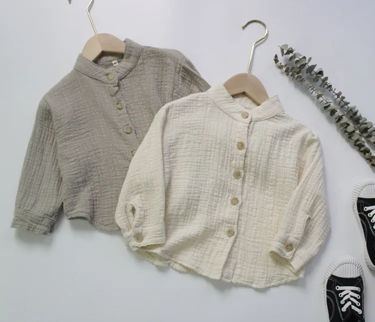 Baby Boys Cotton Linen Long Sleeve Shirts Pure Color Korean Style Stand-up Collar Toddlers Kids Tops