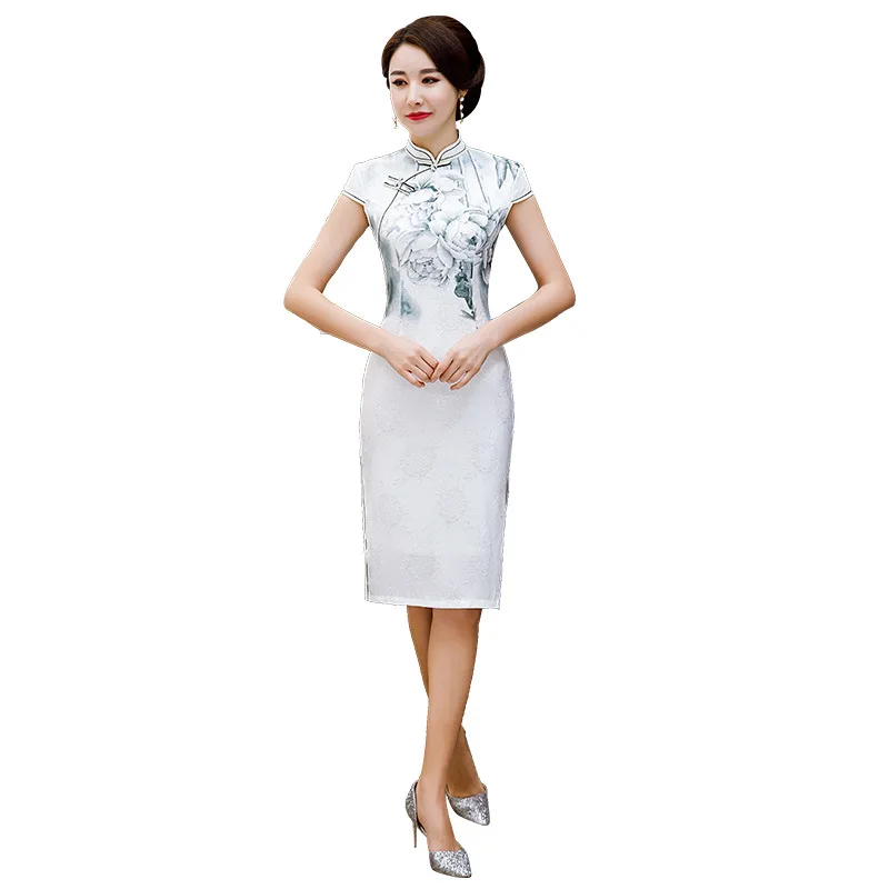 Цветочный принт оверсайз 3XL сатиновое женское Qipao короткое тонкое китайское стильное Cheongsam сексуальное вечернее платье Мандарин Воротник Vestidos