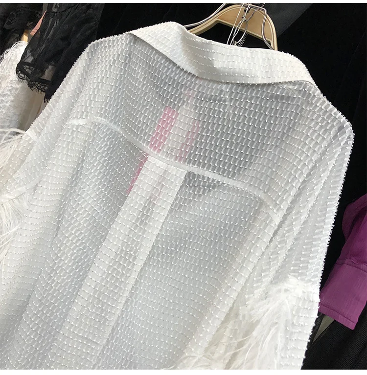 Осенняя белая блузка, рубашка с перьями, женский французский дизайн, модный пуловер из страусиной шерсти, Blusas, свободный женский топ