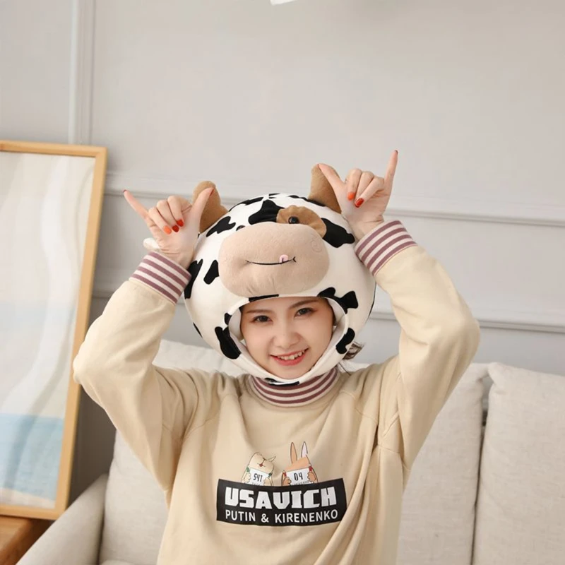 Funny Milk Cow Head Plush Hat Pillow Spot Print Cartoon Animal Stuffed Toy Headgear Cap Cosplay Party Photo Props 2