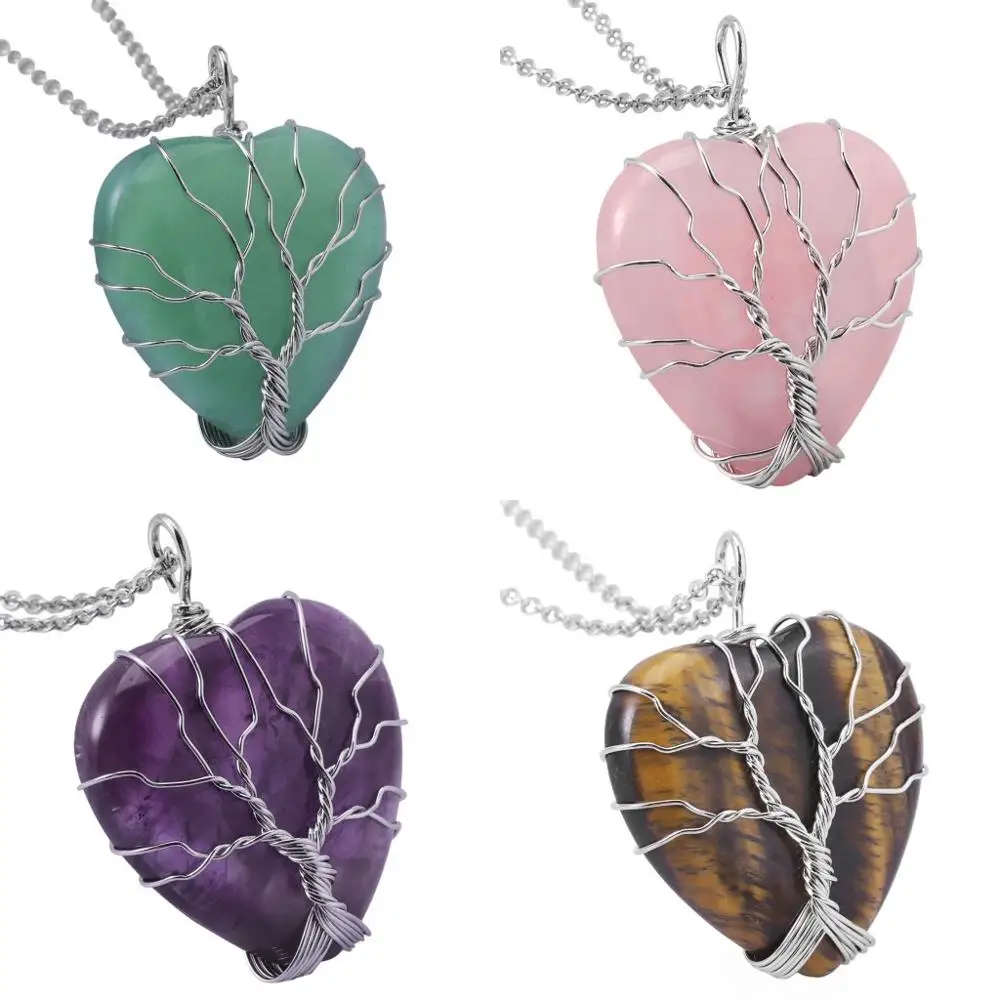 

TUMBEELLUWA Wire Wrapped Tree of Life Love Heart Stone Pendant Necklace,Healing Reiki Crystal Pendants With Free Chain Jewelry