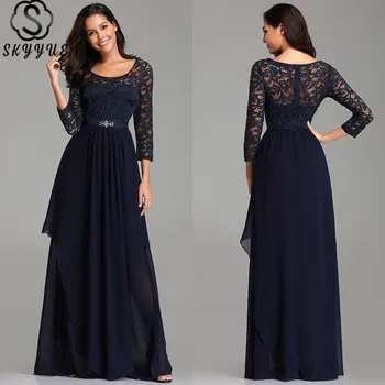 

Skyyue O-Neck Formal Dress Women Elegant A-Line Three Quarter Solid Lace Chiffon Long Formal Dress 2019 Robe De Soiree C458