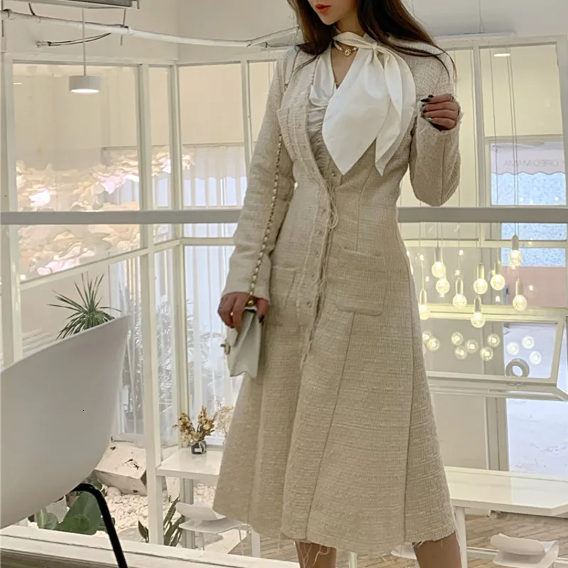 DEAT Autumn And Winter New Fashion Solid Color V-neck Long Dress Single-breasted Slim Windbreaker Jacket PB516