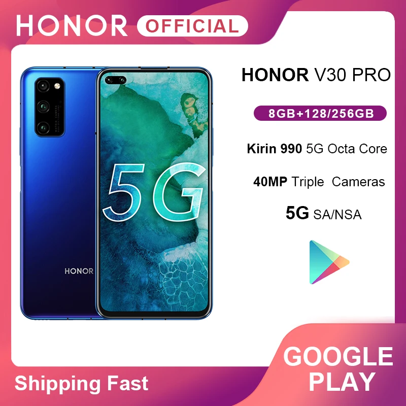Honor V30 Pro Google Play смартфон с восьмиядерным процессором 5G 8 ГБ 128 256 16 ядер GPU 40 МП