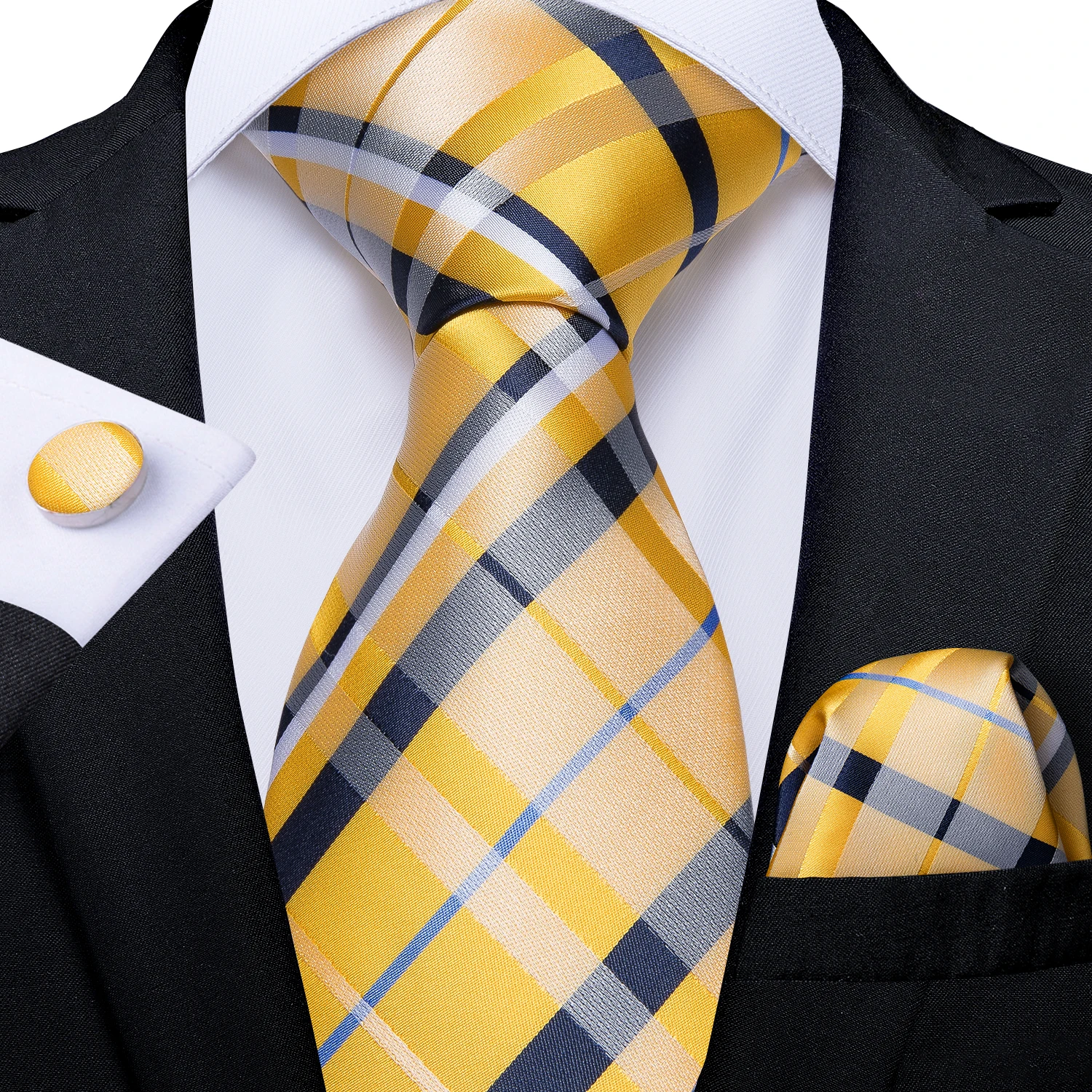 Yellow Black Tie Patterned Handmade 100% Silk Wedding Mens Necktie 8cm Width 