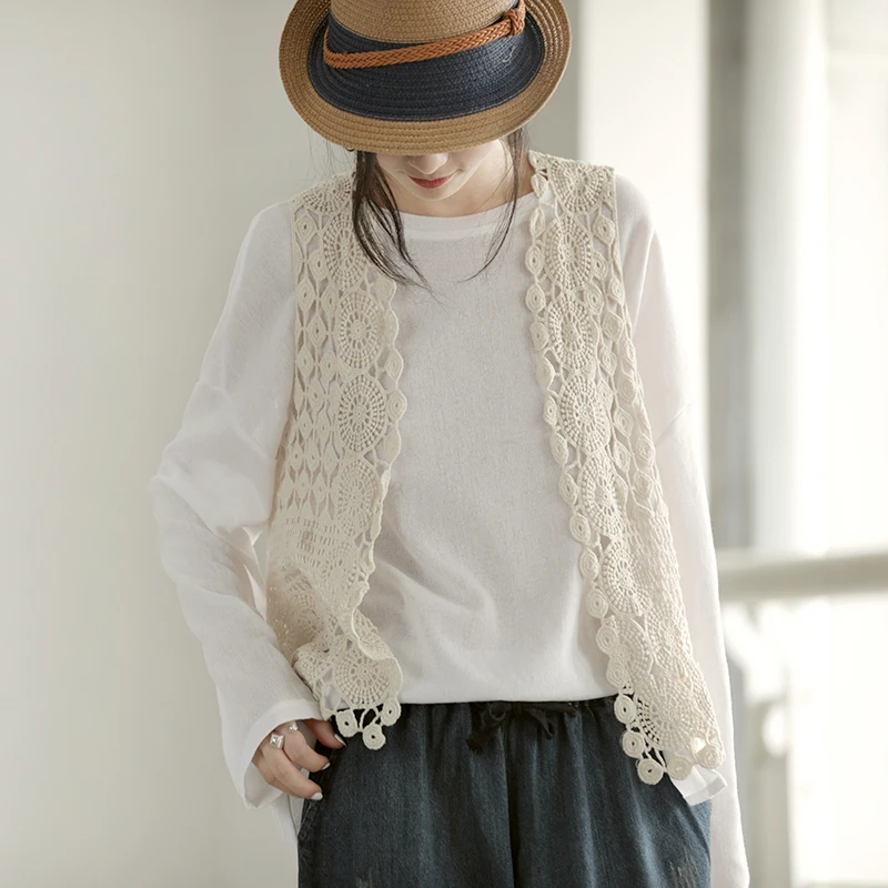 

Johnature Vintage Women Knitted Vest Casual Open Stitch Solid Color Hollow 2019 New Autumn Clothes Tops Cotton Women Vest