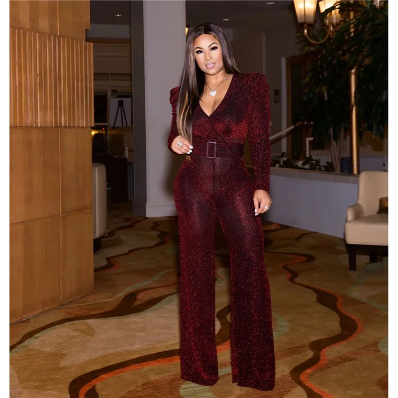burgundy jumpsuit Adogirl, эластичный нейлоновый Блестящий Золотой Шелковый повседневный комбинезон, женский сексуальный комбинезон с v-образным вырезом и длинным рукавом, широкие штаны, вечерние комбинезоны - Цвет: burgundy jumpsuit