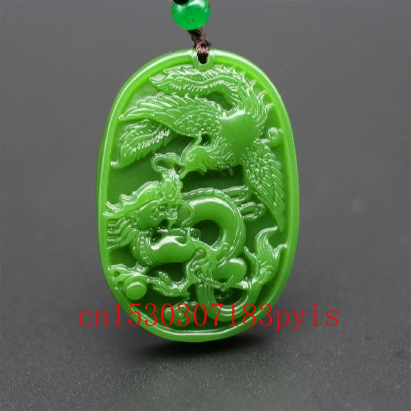 Natural Green Jade Dragon Phoenix Gossip Pendant Necklace Chinese Carved Charm Jewelry Fashion Amulet for Men Women Lucky Gifts