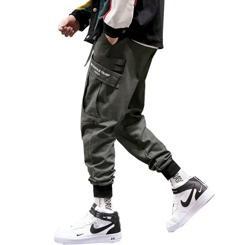 Tanie Męskie Streetwear Cargo spodnie męskie wstążki Casual spodnie Slim męskie spodnie joggery sklep