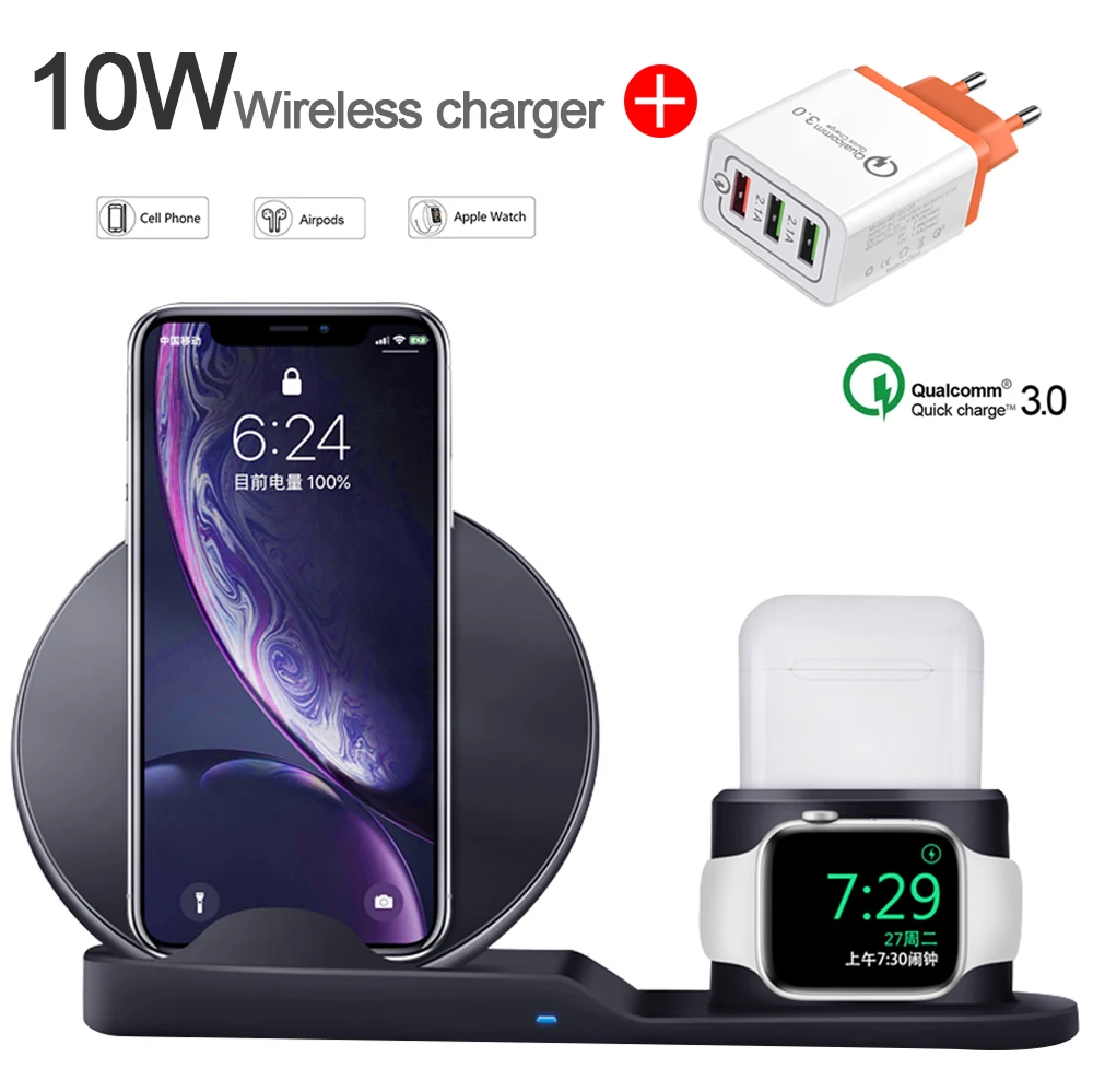 Black EU Plug 10 Вт Быстрая Зарядка QI Беспроводной Зарядное устройство подставка для iPhone 11 AirPods Watch Series 4/3/2/1 QC3.0 USB Quick Зарядное устройство для Oneplus Xiaomi samsung - Цвет: Black EU Plug