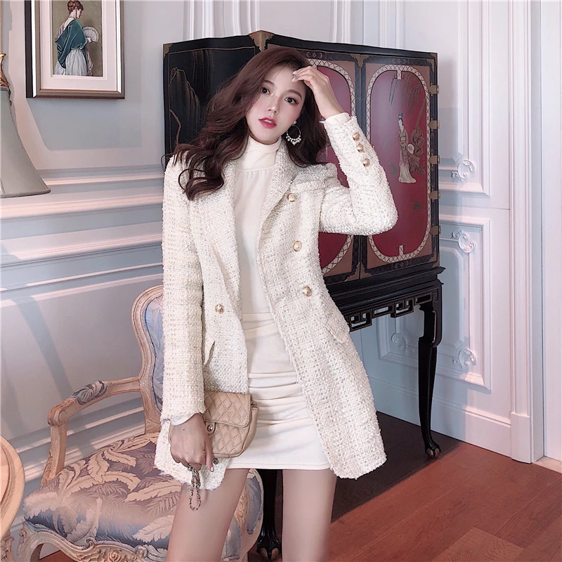 Runway Designer Blazer Coat Women Double Breasted Metal Button Long Sleeve  Notched Collar Jacket Wool Tweed Blazer Coat A049