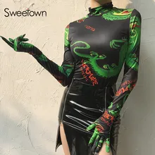 Sweetown Vintage con estampado de dragón de manga larga para mujer Bodysuit Otoño Invierno 2019 moda cuello alto ceñido al cuerpo trajes con guantes