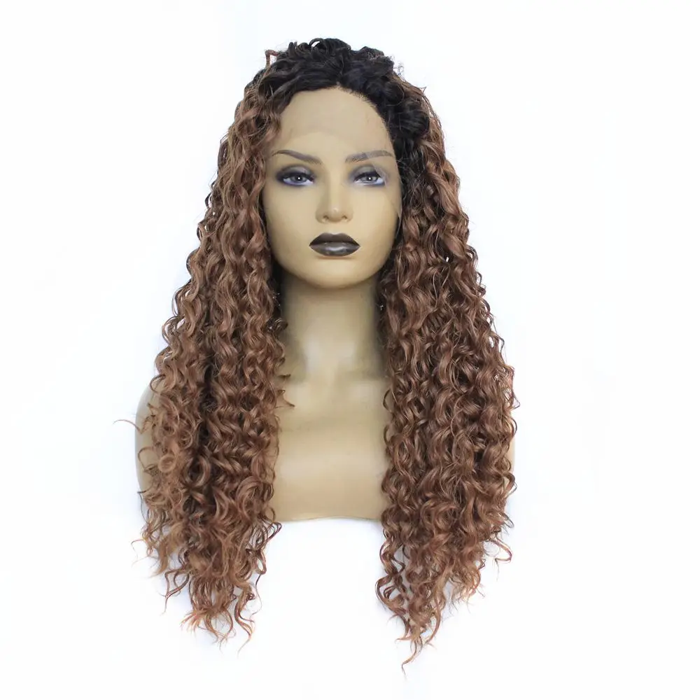

Two Tones Long Kinky Curly Synthetic Lace Front Wigs Ombre Brwon Color Heat Resistant Fiber Natural Afro Curly For Black Women