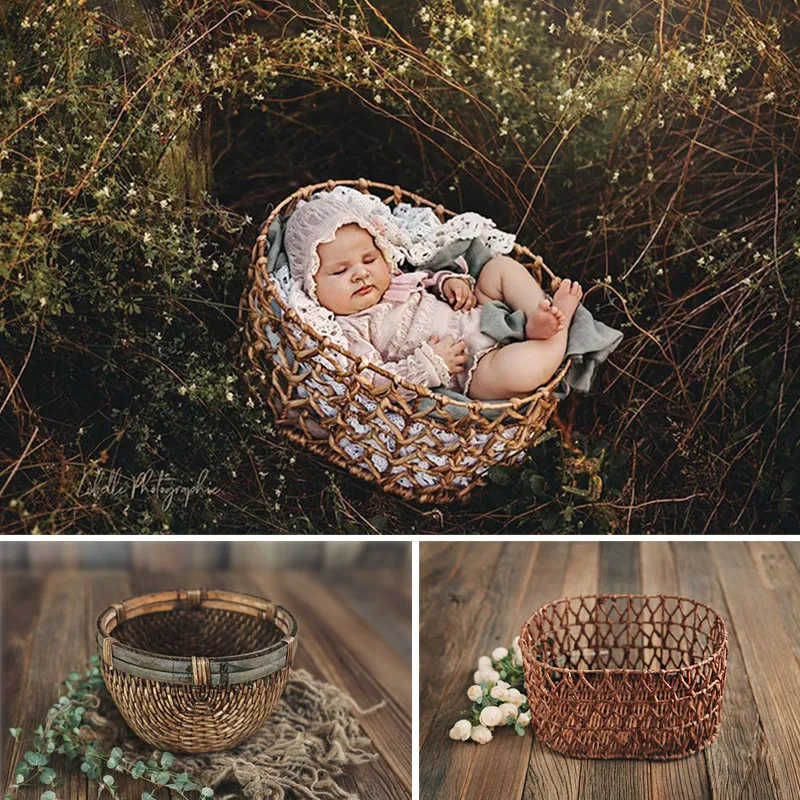 Color Dark Khaki Fotografie Baby Props Vintage Woven Rattan Basket Newborn Photography Props Basket Baby Posing Sofa Bed Accessoire Bebe Photo Color Dark Khaki Posing Props