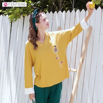 

FENTENG Pajamas For Women 2PCS Sweet Long Sleeve Casual Homewear Femme Cartoon Printed Pyjamas Cotton Sleepwear Female X98112087