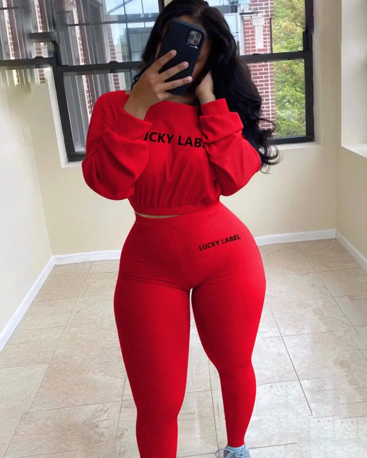 

Fall New Lucky Label Embroidery Two Piece Outfit Women's Suit Long Sleeve Bandage Crop Top High Waist Skinny Legging Activewear