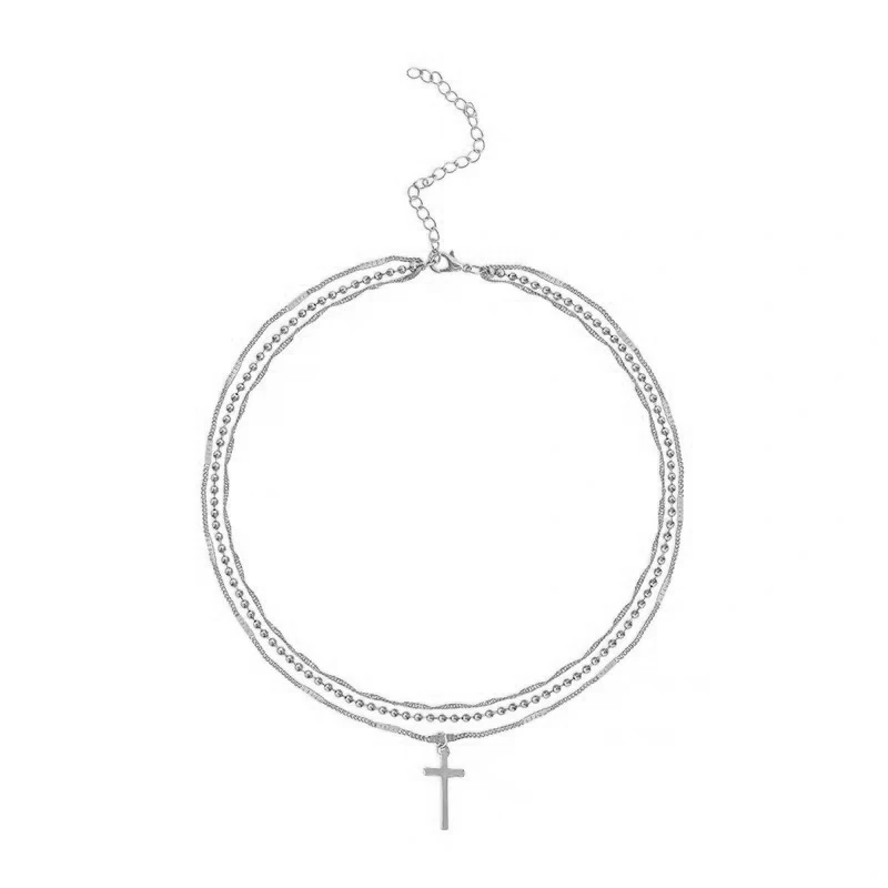 Simple Multi-layer Gold Cross Chain Pendant Necklace Exaggerate Punk Women’s Fashion Beads Choker Ladies Party Jewelry Girl Gift