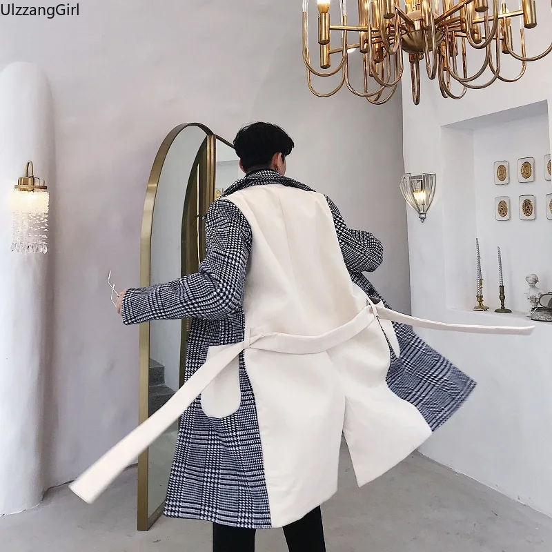 Wool Blend Patchwork Plaid High Waist Belt Sashes Slim Pocket Long Coat Winter Korean Overcoat Man Women Trench Chaqueta Fashion