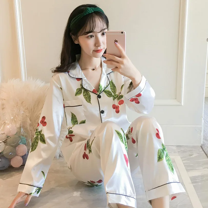 Spring And Autumn Pajamas Long Sleeve GIRL'S Imitated Silk Fabric Fashion Simple Waxberry Open Buckle Plus-sized Trousers Homewe