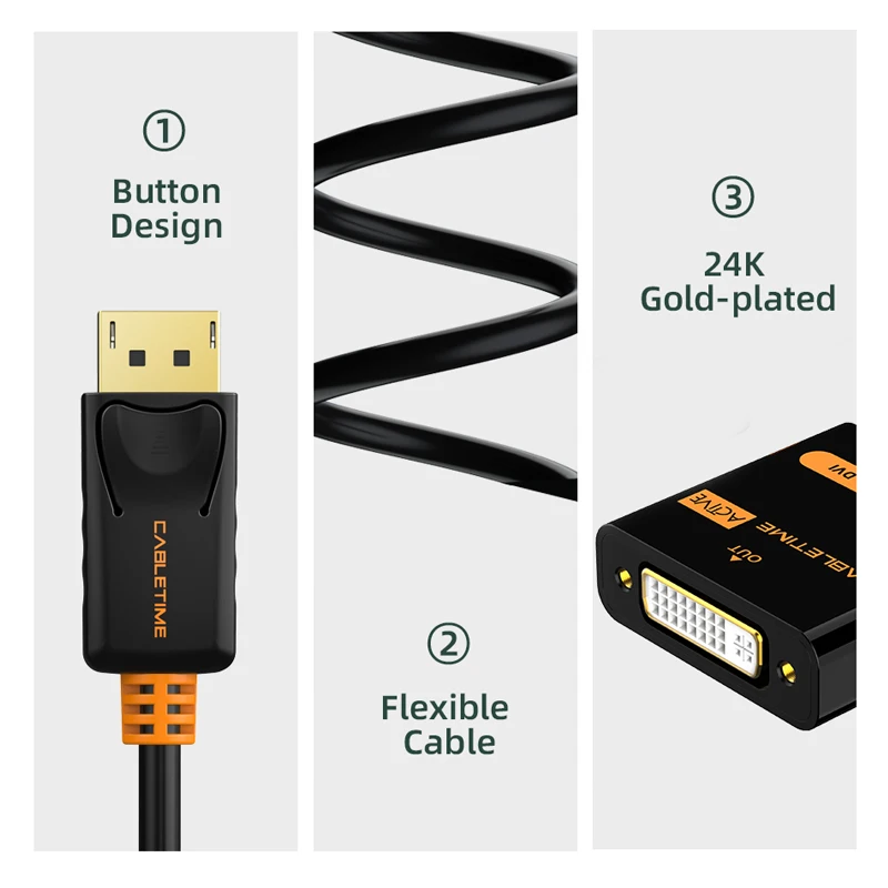 Переходник CABLETIME с порта дисплея на DVI переходник штырь гнездо активный порт DP