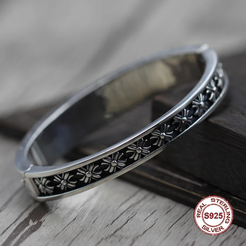 

S925 Men's bracelet in Sterling Silver Personality retro hip hop cross Classic simple punk style Send a gift to love
