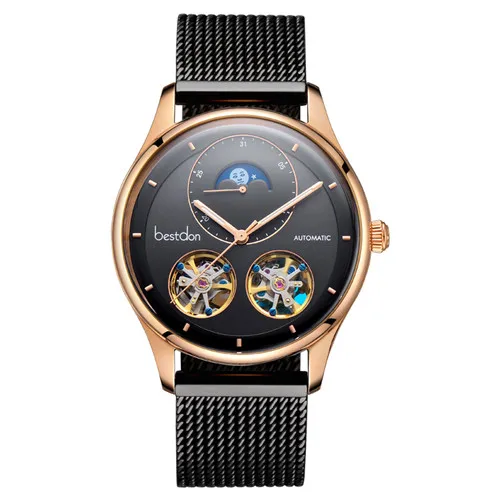 Gold black D7140 Bestdon двойной скелет MoonPhase Швейцария Элитный бренд, механические мужские часы с полностью стальным корпусом водонепроницаемые часы reloj montre - Цвет: Gold black D7140
