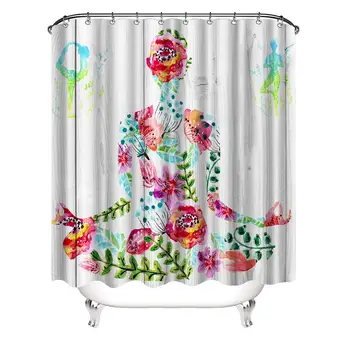

Yoga Shower Curtain,Colorful Yoga Pose with Floral Levitation Meditation, Polyester Fabric Bathroom Shower Curtain Set with