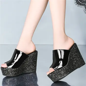 

Shiny Glitter Oxfords Women Genuine Leather Wedges High Heel Gladiator Sandals Female Peep Toe Platform Pumps Shoes Casual Shoes