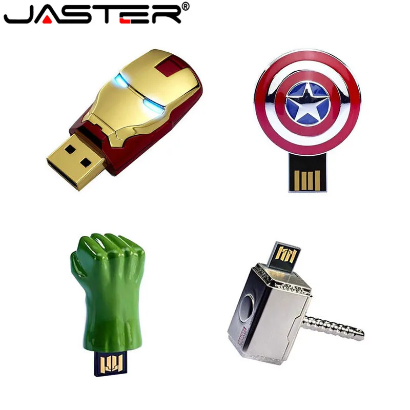JASTER модный Мстители Железный человек светодиодный USB флеш-накопитель карта памяти Флешка 4 ГБ 16 ГБ 32 ГБ 64 ГБ металлическая ручка-накопитель креативная USB флешка