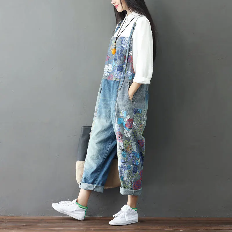 #1401 Vintage Floral Printed Denim Jumpsuits Women Retro Wide Leg Denim Overalls For Women Jeans Jumpsuit Ladies Loose Spring