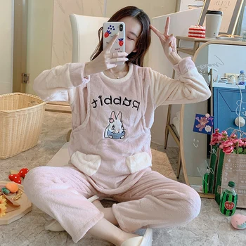 

Women Maternity Long Sleeve Clothes Nursing T-shirt Tops+Striped Pants Pajamas Set Winter Keep Warm Suit pyjama femme enceinte