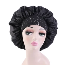 

New big Satin elasticity Comfortable Wide-brimmed silky rhinestone hair Sleeping Hat bonnets Cap Care Bonnet Night caps For Wome