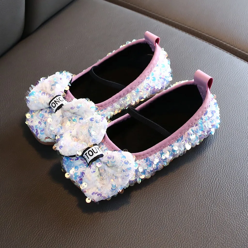 Girls Princess Bow Shoes Children Infant Bowknot Bling Sequins Single Princess Shoes Kids Baby Girls Leather Halloween Shoes#BC