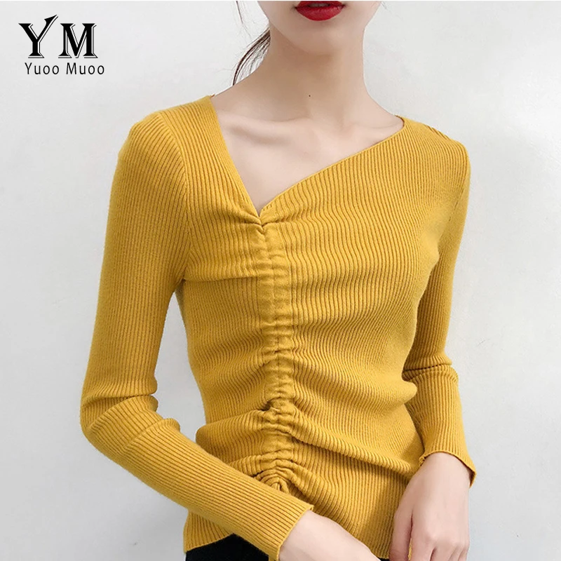 YuooMuoo Irregular Neck Korean Style Women Sweater 2019 Designer Drawstring Fall Pullover Streetwear Tops Knitwear Jumper | Женская