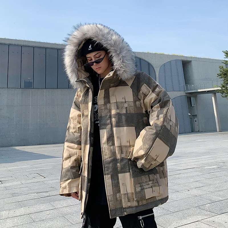 khaki Cotton Winter Jacket Men Thick Warm Hip Hop Winderbreak Man Loose Outwear Streetwear Hooded Winter Parka Jackets Male Plaid Coat - Цвет: khaki