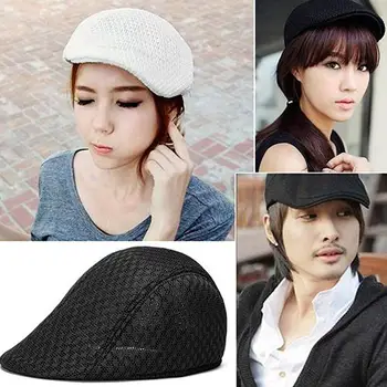 

Unisex Casual Beret Hat Flat Cap Breathable Mesh Cap Newsboy Style Adjustable Summer Fashion Solid Color Black Hat For Men Wome