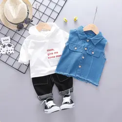 Новая осенняя одежда для малышей милые От 0 до 3 лет унисекс Детские костюмы с буквенным принтом джинсовый жилет с капюшоном и штаны