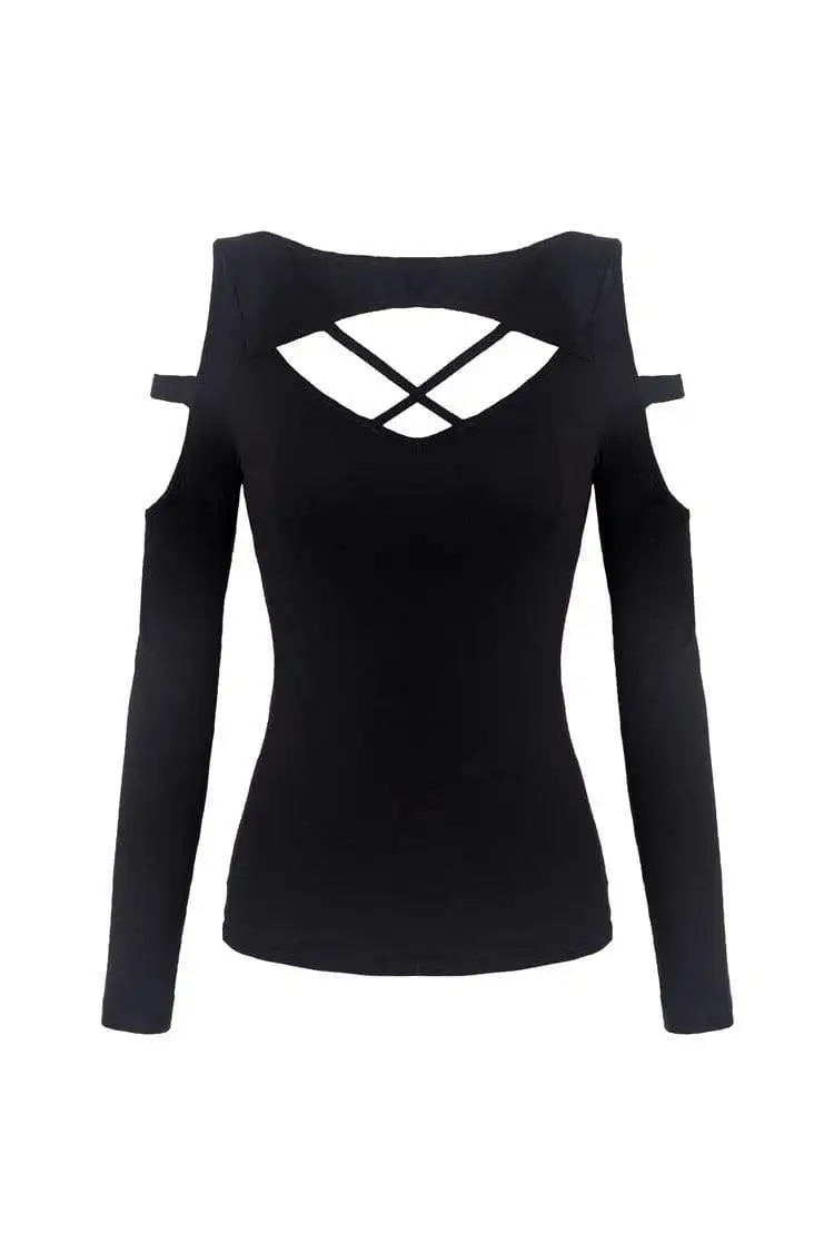 Darkinlove Women's Punk Long Sleeved Hollow Chest Off-shoulder T-shirts TW206
